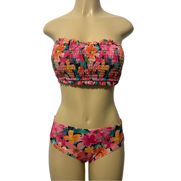 Floral Pink Smocked Bandeau Mid Rise Two Piece Bikini Set Adjustable Halter Top - Picture 11 of 15